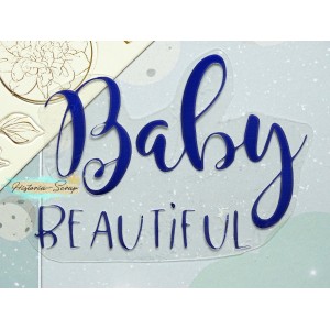 Надпись из термотрансфера "Baby Beautiful", цвет королевский синий (зеркало), ширина 86 мм